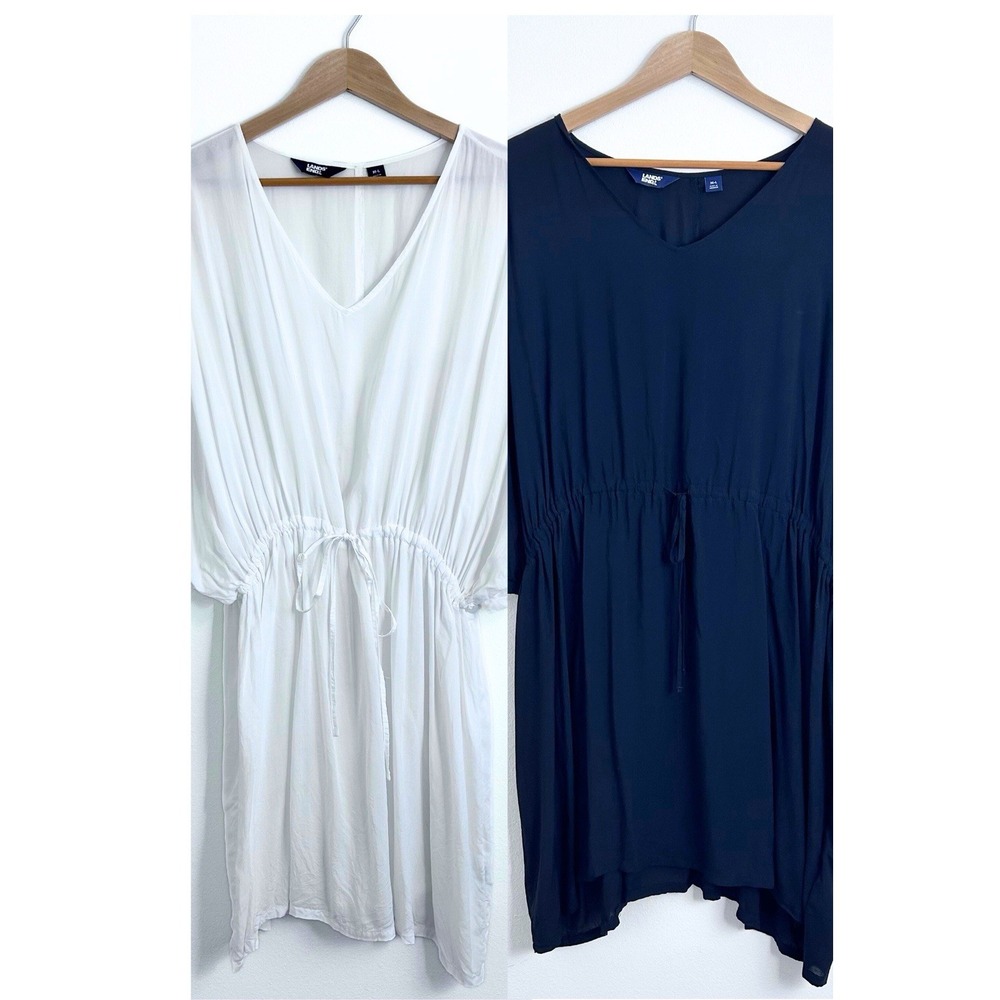 LANDS END Lot Of 2‎ Black & White  M-L Elastic Waist Dolman Sleeve Swim Cover Up